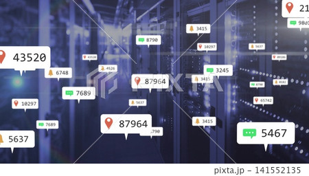 Displaying central server racks in data center aisle, with floating UI callouts and LEDs Displaying central server racks in data center aisle, with floating UI callouts and LEDs 141552135