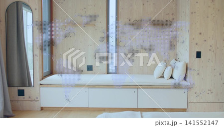Showing built-in bench with white cushion and three round pillows under narrow window, dotted map Showing built-in bench with white cushion and three round pillows under narrow window, dotted map 141552147