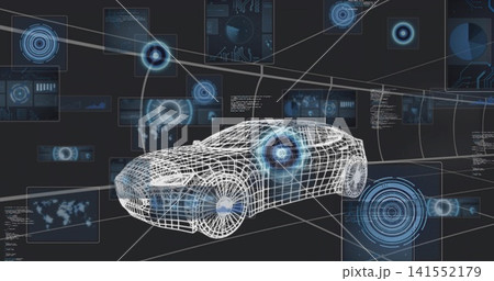 Displaying wireframe sedan model in virtual simulation space, with holographic UI panels, radar map Displaying wireframe sedan model in virtual simulation space, with holographic UI panels, radar map 141552179