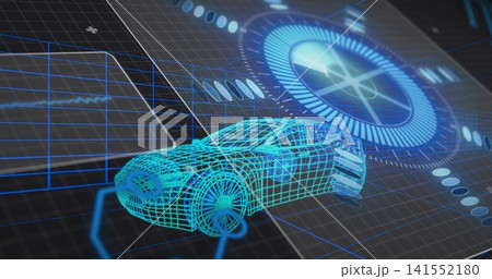Floating cyan wireframe 3D car model hovering above blue grid, displaying HUD dial and data graphs Floating cyan wireframe 3D car model hovering above blue grid, displaying HUD dial and data graphs 141552180