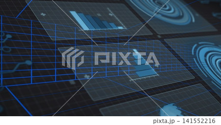 Projecting holographic display in virtual UI, showing clear panels, blue bar charts, wireframe grid Projecting holographic display in virtual UI, showing clear panels, blue bar charts, wireframe grid 141552216