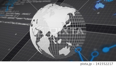 Displaying white 3D globe rotating above dark grid plane, showing lat or long mesh and blue nodes Displaying white 3D globe rotating above dark grid plane, showing lat or long mesh and blue nodes 141552217