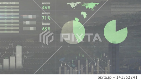 Displaying faint dashboard over urban backdrop, showing pie charts, world map, percent callouts 141552241