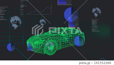 Displaying neon-green wireframe sedan model showing mesh panels and wheel overlays on virtual grid Displaying neon-green wireframe sedan model showing mesh panels and wheel overlays on virtual grid 141552260