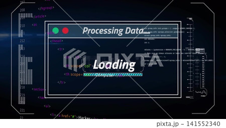 Showing central UI window with Loading overlay and progress bar on dark dashboard, code columns Showing central UI window with Loading overlay and progress bar on dark dashboard, code columns 141552340