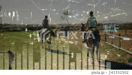 Riding two women wearing helmets, plaid and teal shirts, guiding horses along fenced field, charts Riding two women wearing helmets, plaid and teal shirts, guiding horses along fenced field, charts 141552502