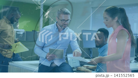 Pointing boss guiding team at office, woman in sleeveless pink blouse holding tablet, yellow folder Pointing boss guiding team at office, woman in sleeveless pink blouse holding tablet, yellow folder 141552565