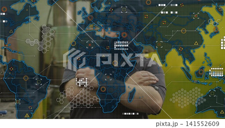 Standing mid-adult man crossing arms in factory, dark-gray short-sleeve shirt, with HUD overlay Standing mid-adult man crossing arms in factory, dark-gray short-sleeve shirt, with HUD overlay 141552609