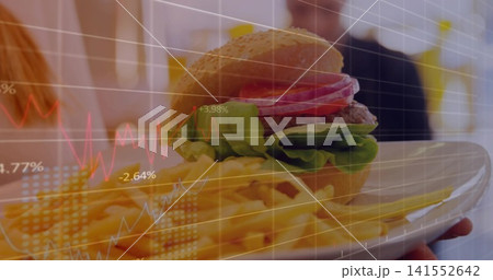 Showing burger and fries on plate at restaurant, hand holding, chart overlay, staff light-dark tops Showing burger and fries on plate at restaurant, hand holding, chart overlay, staff light-dark tops 141552642