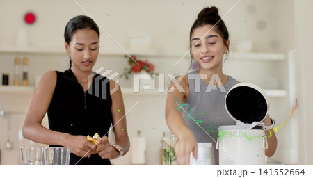 Peeling banana in black zip-top, reaching friend in gray top using blender jar in home kitchen Peeling banana in black zip-top, reaching friend in gray top using blender jar in home kitchen 141552664