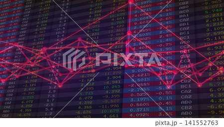 Displaying magenta line graph overlaying market dashboard on trading display, with LED tabular data Displaying magenta line graph overlaying market dashboard on trading display, with LED tabular data 141552763