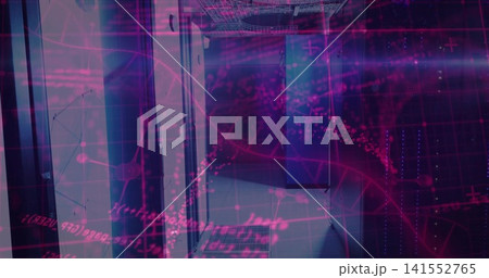 Showing data center corridor with server racks, perforated floor, magenta purple overlay 141552765