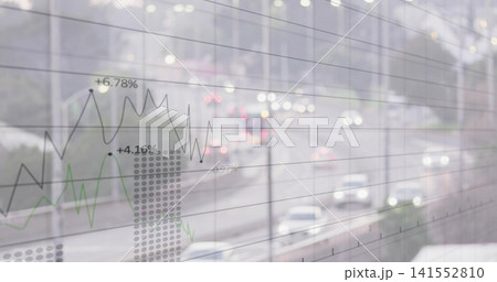 Displaying transparent line charts overlaying blurred highway at dusk, with percent labels and cars Displaying transparent line charts overlaying blurred highway at dusk, with percent labels and cars 141552810