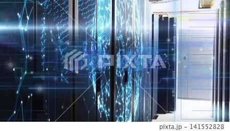 Displaying row of rack-mounted servers showing glowing blue LED network overlay in datacenter aisle 141552828