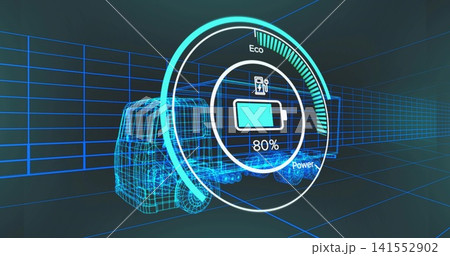 Displaying circular HUD with 80% charging battery, Eco Power gauges, wireframe truck on grid Displaying circular HUD with 80% charging battery, Eco Power gauges, wireframe truck on grid 141552902