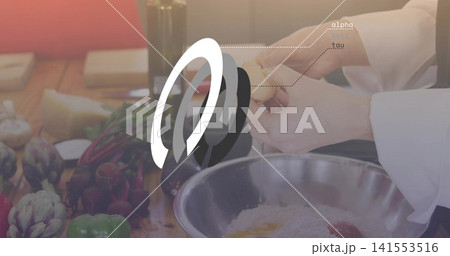 Cracking white chef-clad hands releasing egg into mixing bowl on counter, with flour veg and logo Cracking white chef-clad hands releasing egg into mixing bowl on counter, with flour veg and logo 141553516