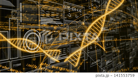 Glowing golden DNA helix sweeping diagonally across virtual interface, showing data panels 141553759