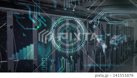 Projecting circular HUD target over server racks in data center, showing bar chart and world map Projecting circular HUD target over server racks in data center, showing bar chart and world map 141553876