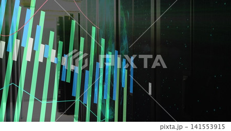 Displaying translucent bar chart and line graphs across left data center aisle with server cabinets Displaying translucent bar chart and line graphs across left data center aisle with server cabinets 141553915