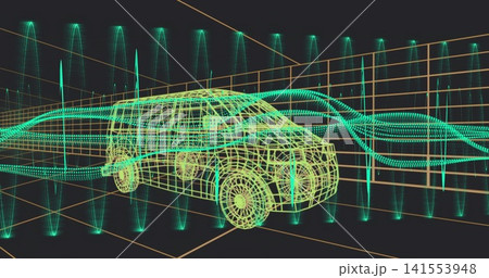 Rendering neon wireframe SUV floating in simulation space, showing teal flows and orange grid Rendering neon wireframe SUV floating in simulation space, showing teal flows and orange grid 141553948