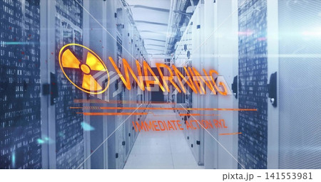 Projecting orange warning overlay with radiation icon over server room aisle, racks, LEDs, glass Projecting orange warning overlay with radiation icon over server room aisle, racks, LEDs, glass 141553981
