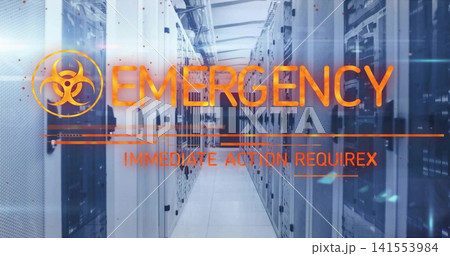Flashing translucent orange emergency overlaying data center aisle, with biohazard symbol and racks Flashing translucent orange emergency overlaying data center aisle, with biohazard symbol and racks 141553984