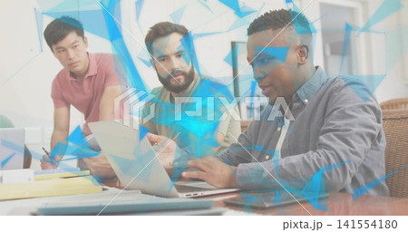 Three men wearing shirt, teal tee, pink polo collaborating at office, laptops phone, blue overlay Three men wearing shirt, teal tee, pink polo collaborating at office, laptops phone, blue overlay 141554180