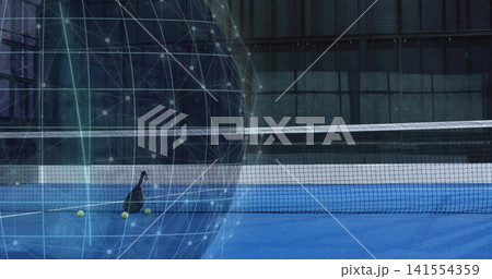 Showing black racket bag, three yellow balls on blue court by net with overlay, copy space 141554359