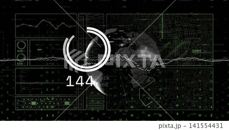 Displaying central HUD ring with dotted globe showing 144 and timeline on dashboard, binary digits Displaying central HUD ring with dotted globe showing 144 and timeline on dashboard, binary digits 141554431