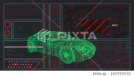 Rotating neon-green wireframe sedan model showing telemetry in control center, with map overlay Rotating neon-green wireframe sedan model showing telemetry in control center, with map overlay 141554510
