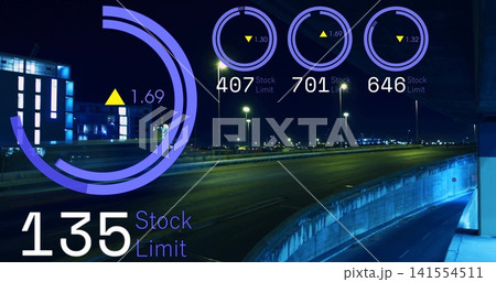 Projecting large purple HUD overlay showing 135 Stock Limit on left night highway with ramp Projecting large purple HUD overlay showing 135 Stock Limit on left night highway with ramp 141554511