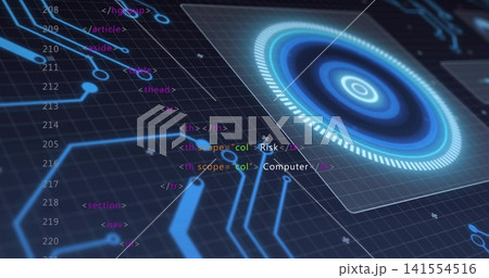 Glowing hi-tech circular UI element sitting on dashboard panel, showing neon circuits and HTML code Glowing hi-tech circular UI element sitting on dashboard panel, showing neon circuits and HTML code 141554516