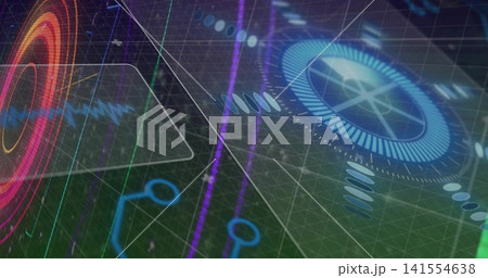 Displaying blue dial rotating on right HUD, with red-orange waveform left and triangular panel 141554638