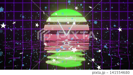 Glowing neon-striped orb mirroring rippled water over magenta grid, with inverted triangle, stars 141554680