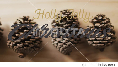 Displaying three brown pine cones resting on light wooden plank, with Holly Jolly Christmas script Displaying three brown pine cones resting on light wooden plank, with Holly Jolly Christmas script 141554694