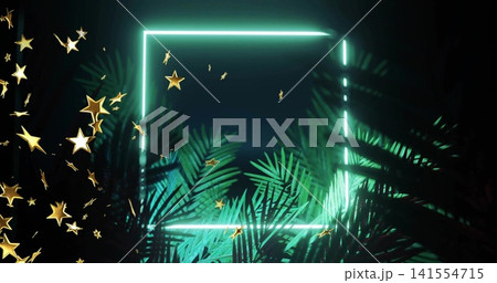 Glowing cyan neon frame casting teal light on studio set, with palm fronds drifting gold confetti Glowing cyan neon frame casting teal light on studio set, with palm fronds drifting gold confetti 141554715