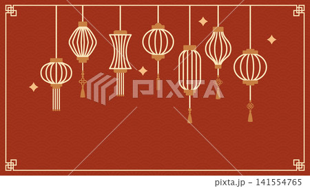 中国提灯セットの背景イラスト 旧正月・春節の装飾フレーム素材 141554765