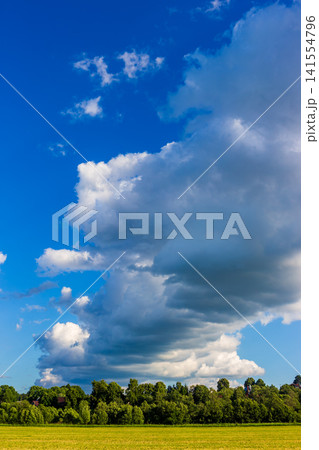 Majestic towering clouds dominate the vibrant blue sky over a lush green forest horizon and a golden field, capturing a perfect sunny summer day in the countryside Majestic towering clouds dominate the vibrant blue sky over a lush green forest horizon and a golden field, capturing a perfect sunny summer day in the countryside 141554796