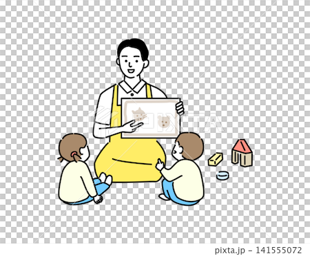 子供に絵を見せる若い保育士の男性 子供に絵を見せる若い保育士の男性 141555072