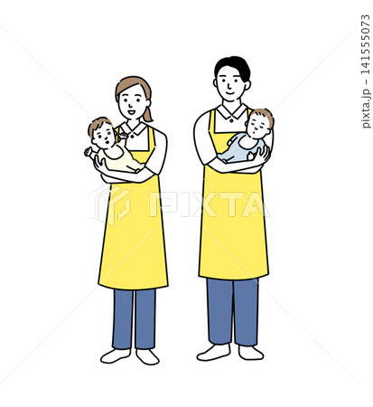 乳児を抱く若い保育士の男女 141555073