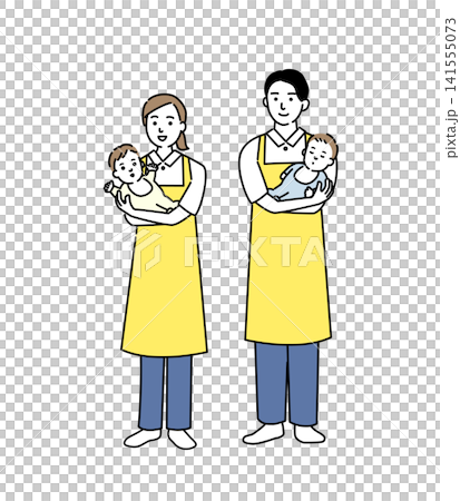 乳児を抱く若い保育士の男女 141555073