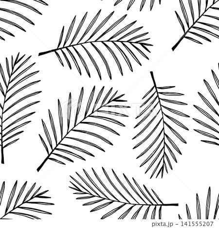 Hand-drawn black outline simple seamless vector pattern. Branches, leaves of a date palm on a white background. Hand-drawn black outline simple seamless vector pattern. Branches, leaves of a date palm on a white background. 141555207