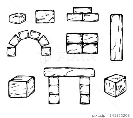 Hand drawn black line vector set of building stone elements isolated on white background. Reconstruction of ancient castles, arches, granite blocks, rough walls, brickwork. Hand drawn black line vector set of building stone elements isolated on white background. Reconstruction of ancient castles, arches, granite blocks, rough walls, brickwork. 141555208