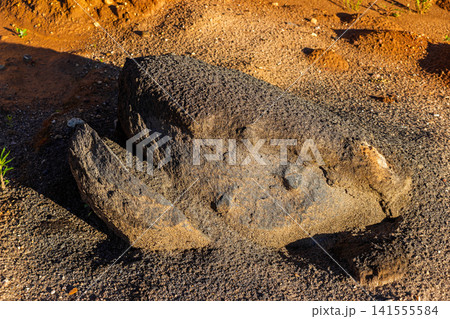 Dark igneous rock undergoing natural desquamation and weathering into coarse crumbling debris on desert ground under harsh sunlight conditions creating a stark geological landscape scene 141555584