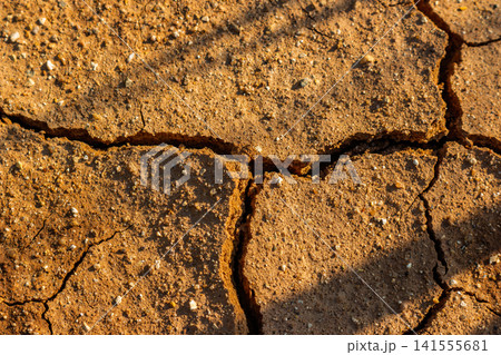 Severe drought causing deep cracks in parched clay soil, arid wasteland texture with scorched earth and natural patterns under bright sunlight showing environmental ecological damage Severe drought causing deep cracks in parched clay soil, arid wasteland texture with scorched earth and natural patterns under bright sunlight showing environmental ecological damage 141555681