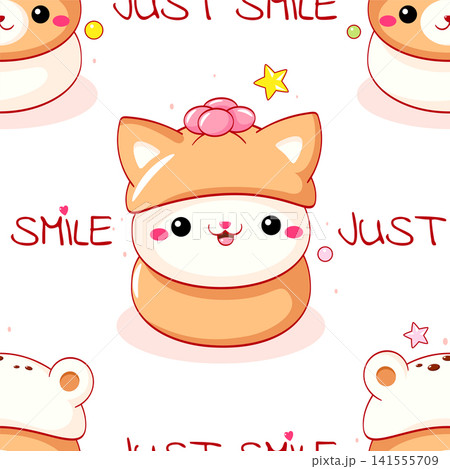 Vector seamless pattern with cute animal-shaped mantou buns. Cute oriental dessert in kawaii style. Tiling pattern in cutecore theme. Endless texture can be used for pattern fills, fabric design Vector seamless pattern with cute animal-shaped mantou buns. Cute oriental dessert in kawaii style. Tiling pattern in cutecore theme. Endless texture can be used for pattern fills, fabric design 141555709