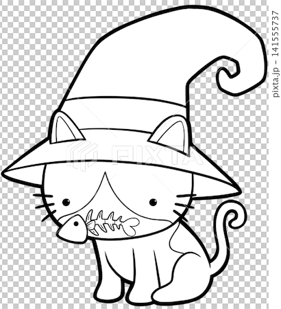 Adorable halloween cat wearing big witch hat holding fish bone coloring book page Adorable halloween cat wearing big witch hat holding fish bone coloring book page 141555737