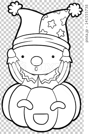 Cute clown character hiding inside pumpkin coloring page, halloween outline Cute clown character hiding inside pumpkin coloring page, halloween outline 141555738