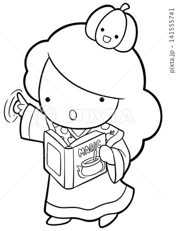 Cute witch girl reading magic book coloring page, halloween outline graphic 141555741