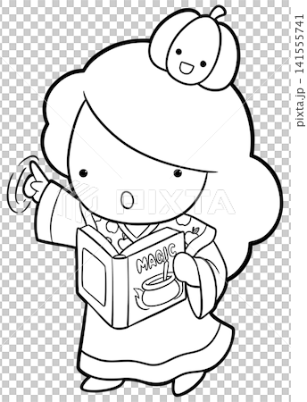Cute witch girl reading magic book coloring page, halloween outline graphic 141555741